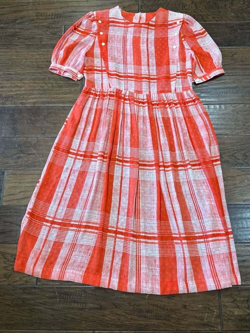 Vintage 50s 60s‎ Red White Plaid Swiss Dot Day Dress Button Shoulder Puff Sleeve
